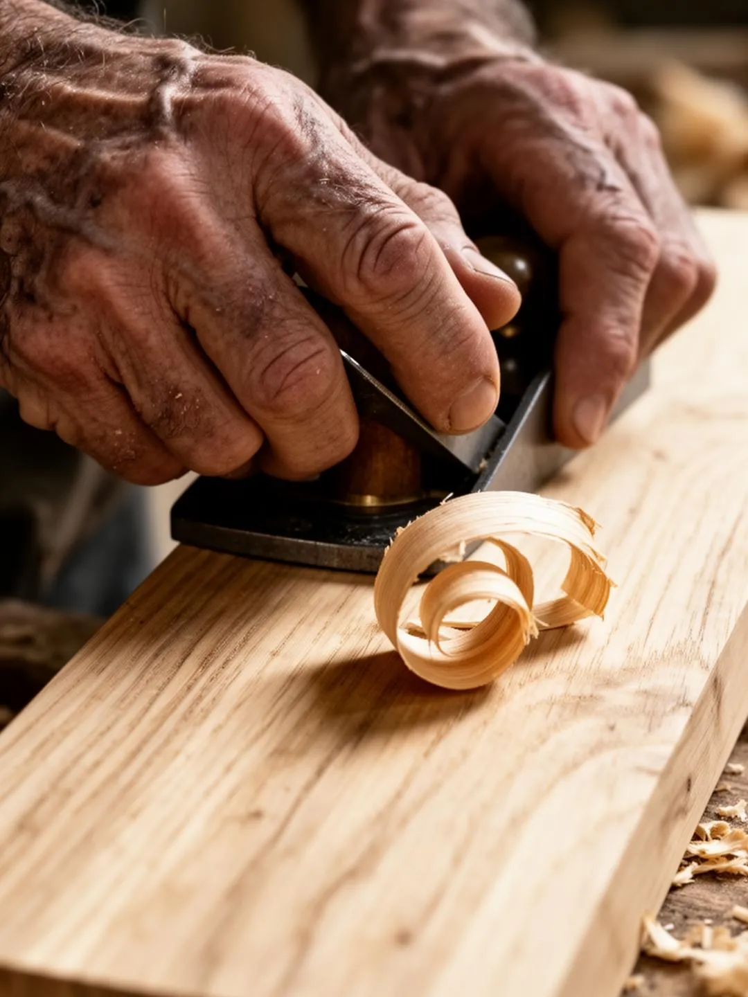 Close-up of a craftsman's hands planing a piece of pale oak